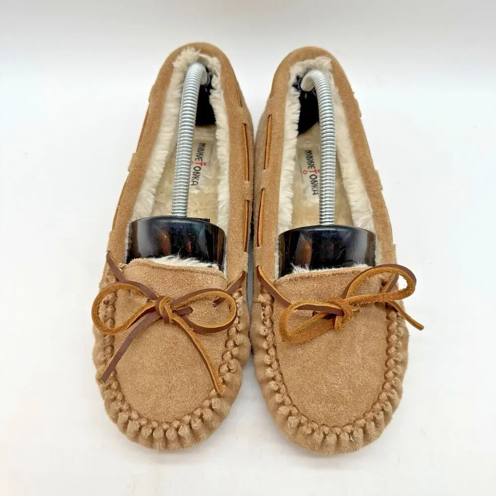 Minnetonka 4811 Cassie Tan Moccasin Youth 4 Fur Lined Suede Leather Slippers